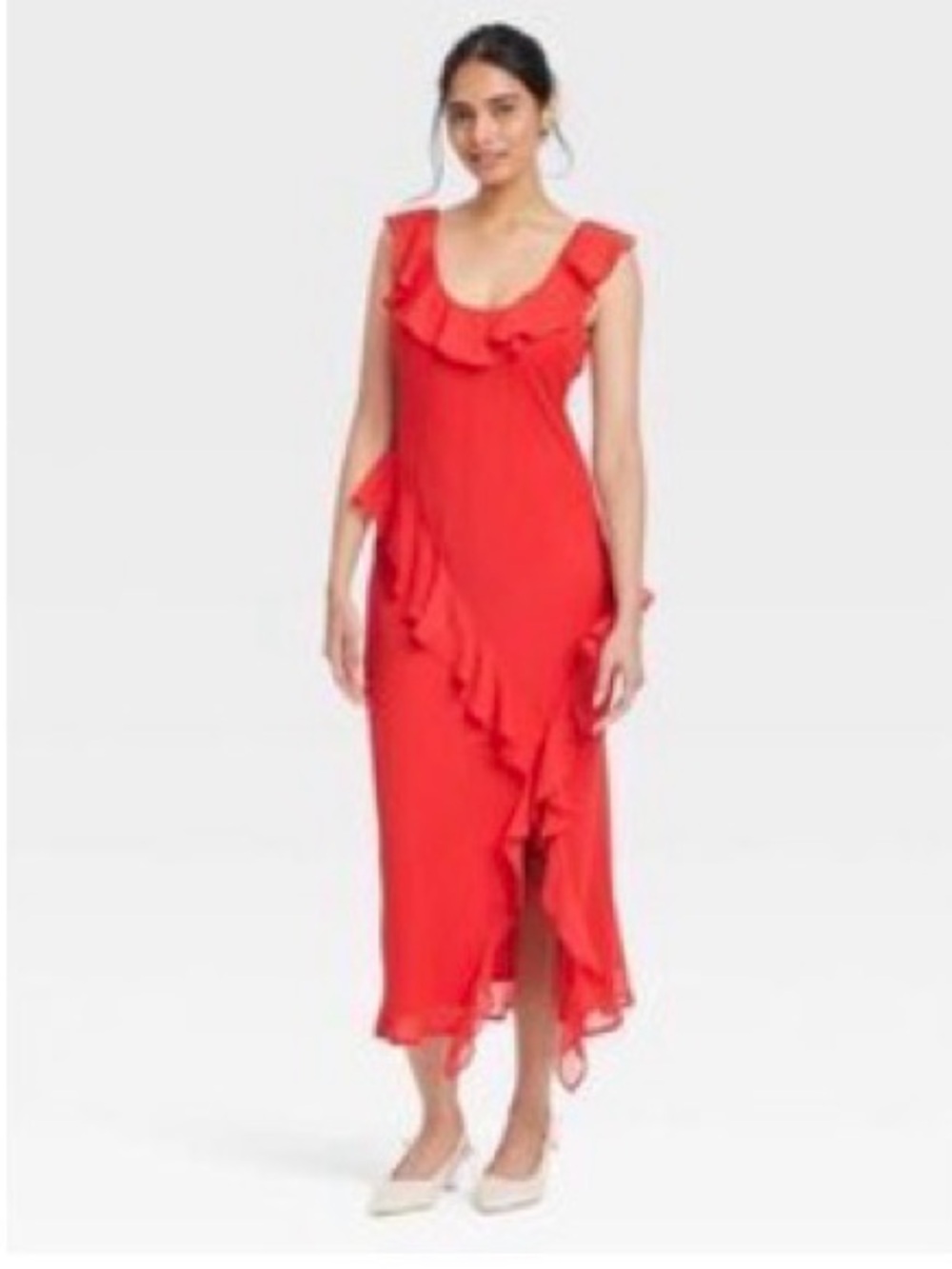 a new day Red Ruffle Midi Dress with Flutter Sleeves